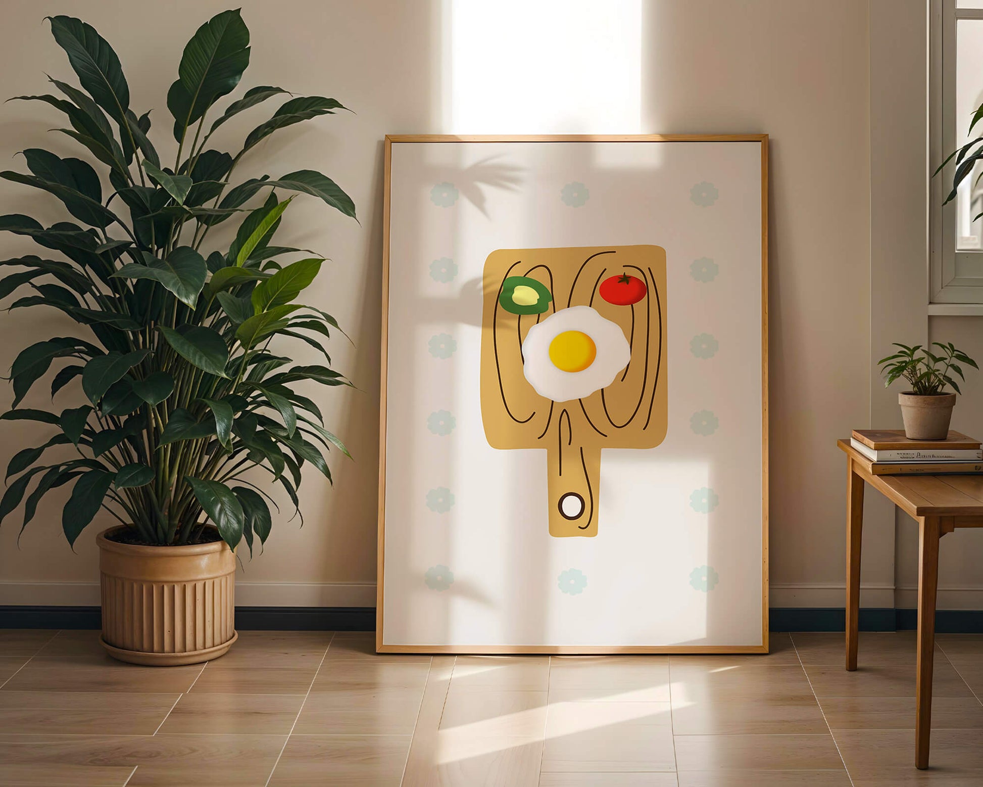 Ilustración de una escena de desayuno con huevo, aguacate y tomate sobre tabla de madera