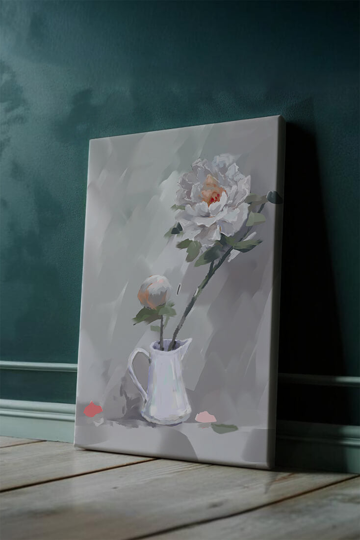 Elegant white peonies in a ceramic jug with soft pastel background