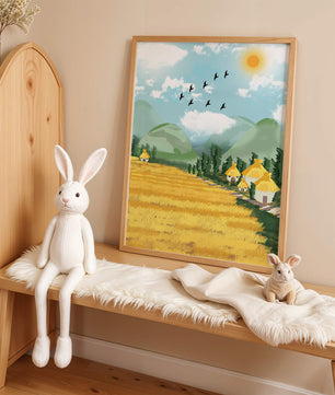 Sunny Countryside With Birds And Golden Fields