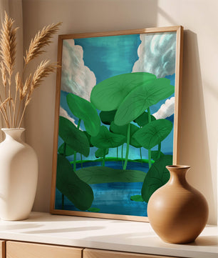 Serene landscape with lush green leaves and blue horizon