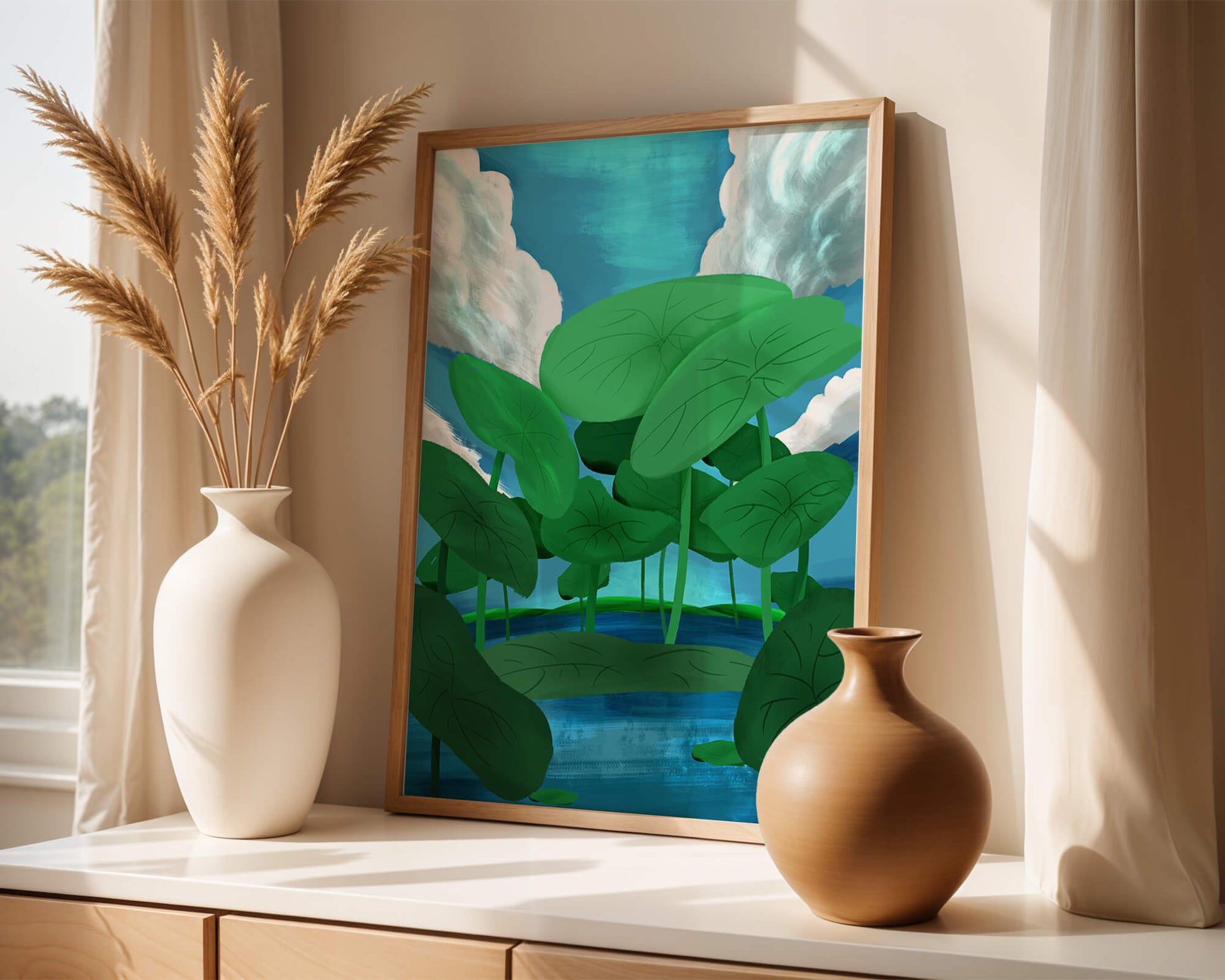 Serene landscape with lush green leaves and blue horizon