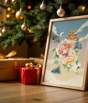 Elegant Asian Landscape With Pagoda, Cranes, and Peonies