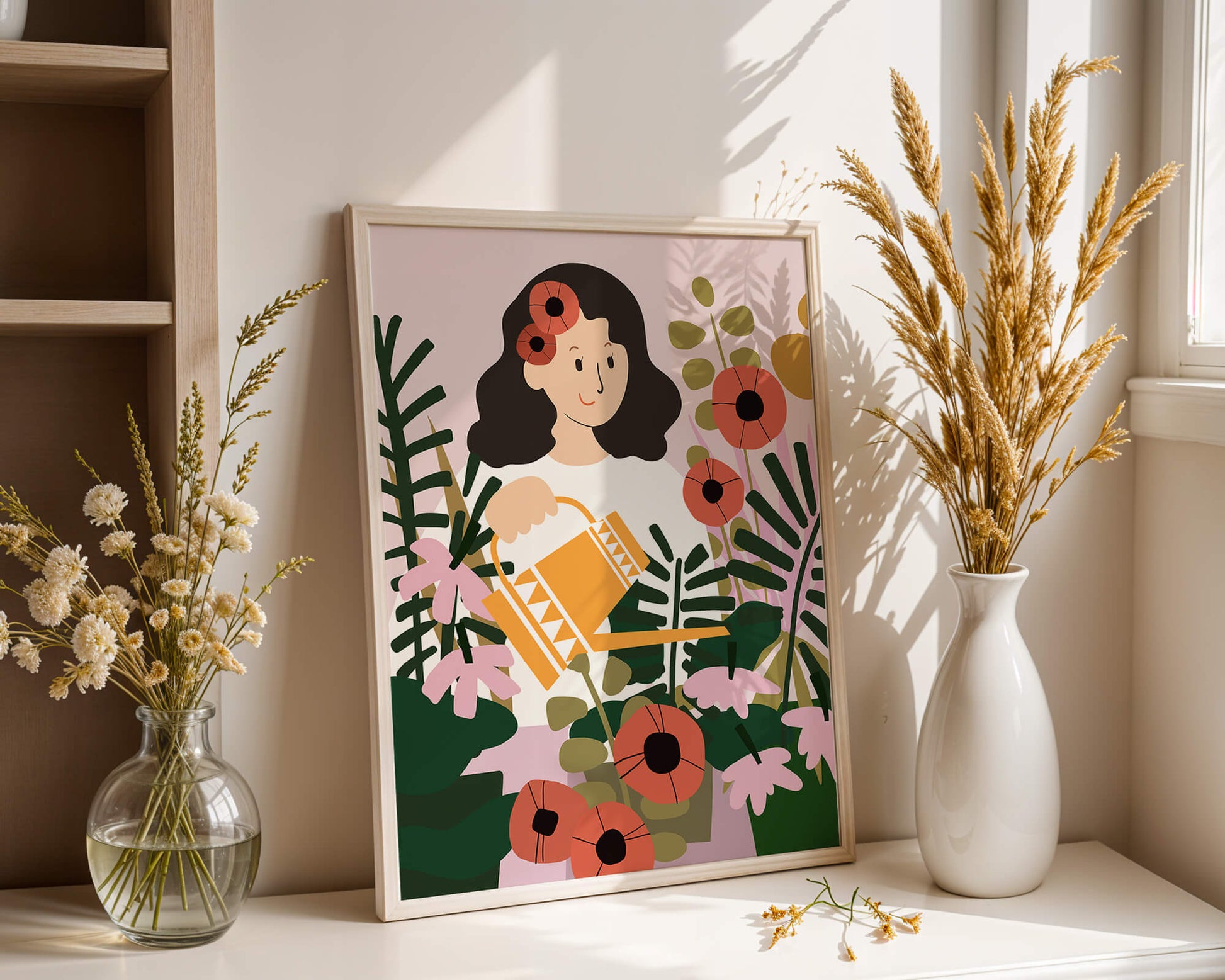 Woman watering plants surrounded by vibrant flowers and greenery
