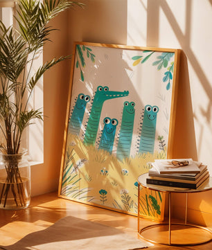 Illustration of Happy Cartoon Crocodiles in a Colorful Meadow - Mi tienda