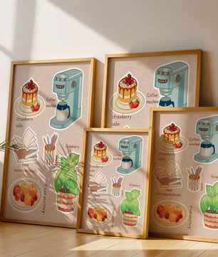 Elementos esenciales del hogar acogedor que incluyen pastel de fresa, cafetera y materiales de estudio