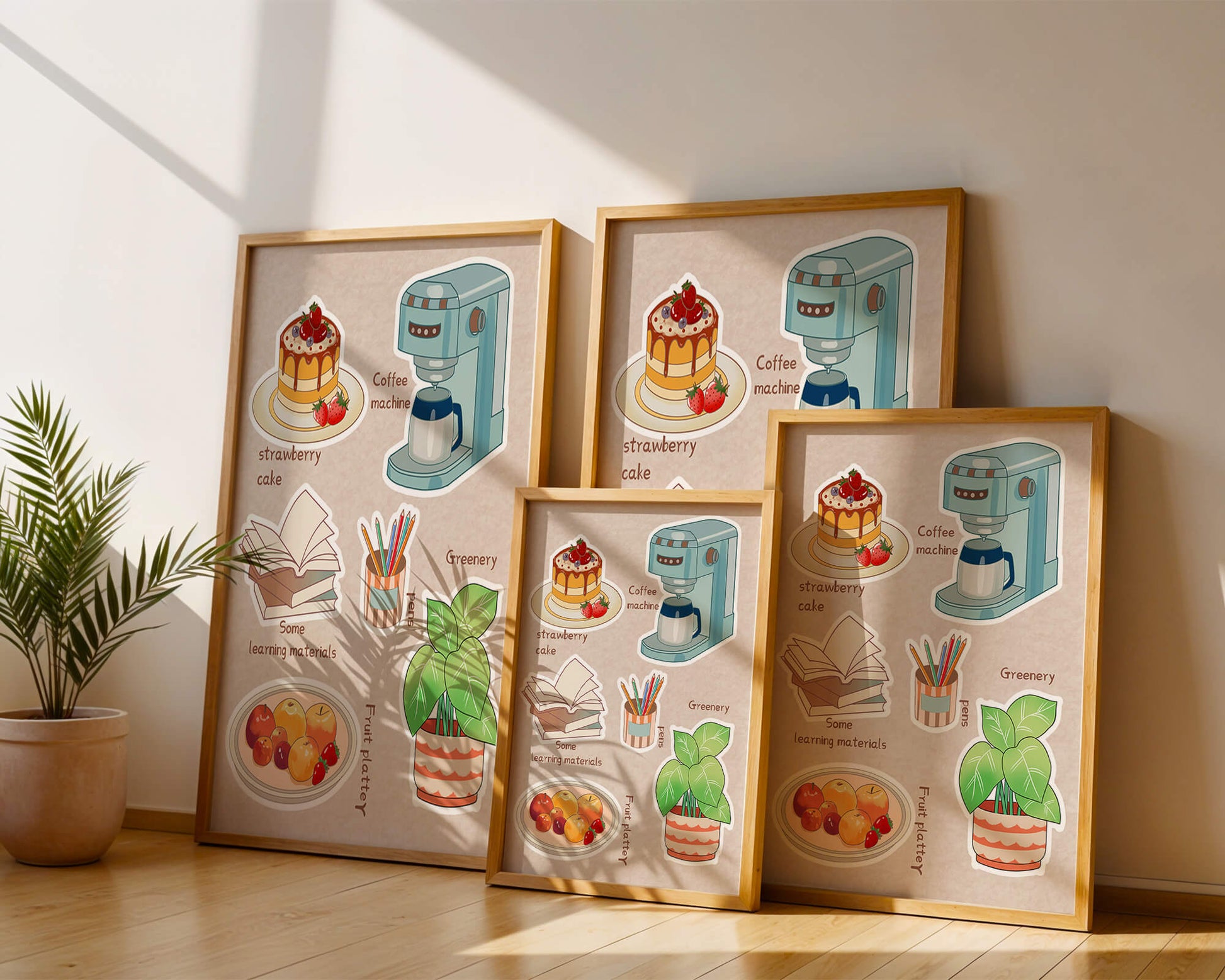 Elementos esenciales para un hogar acogedor, como tarta de fresa, cafetera y materiales de estudio.