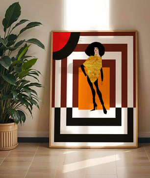 Ilustración de moda con figura en dorado y fondo geométrico