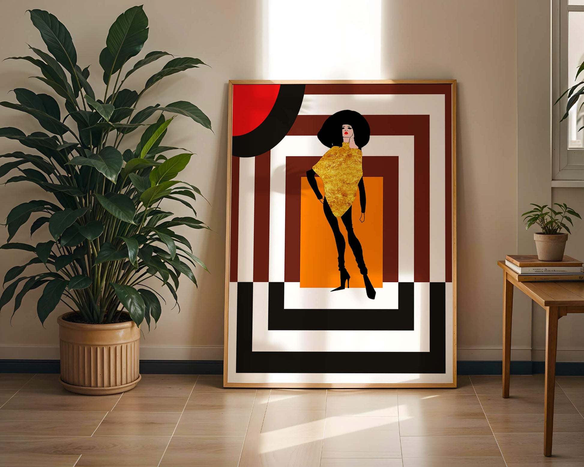 Fashion Illustration with Figure in Gold and Geometric Background