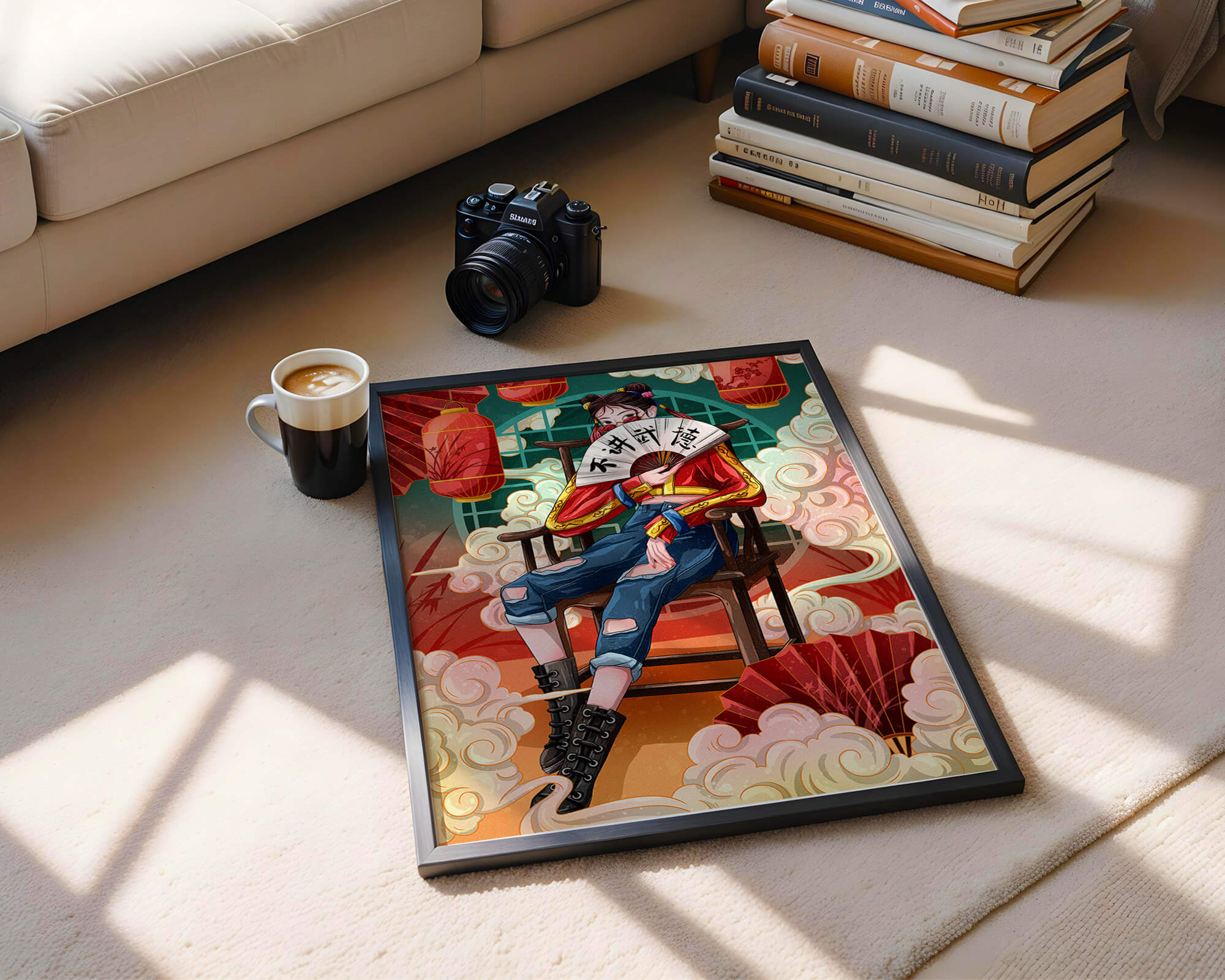Female character with fan in colorful oriental setting