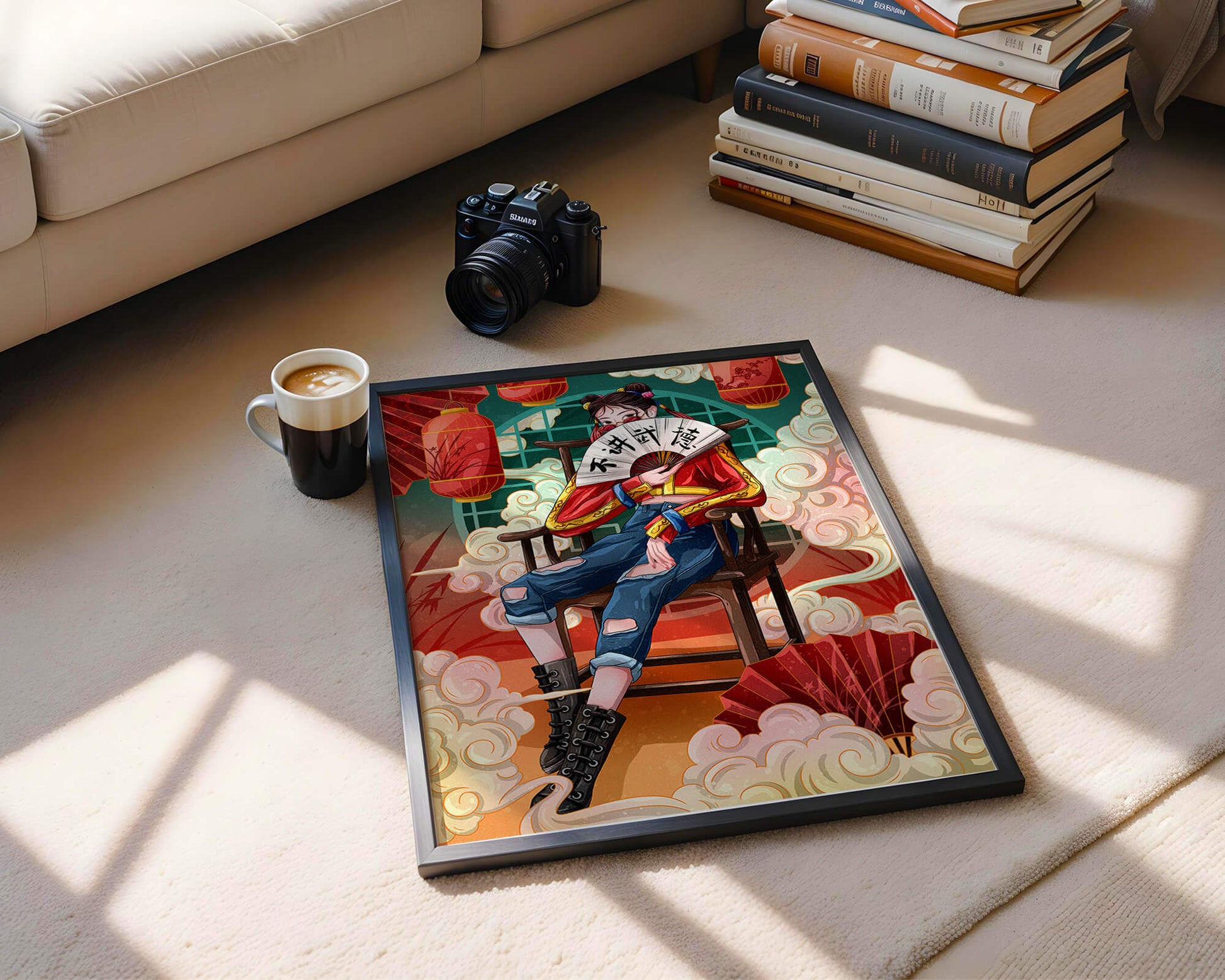 Female character with fan in colorful oriental setting