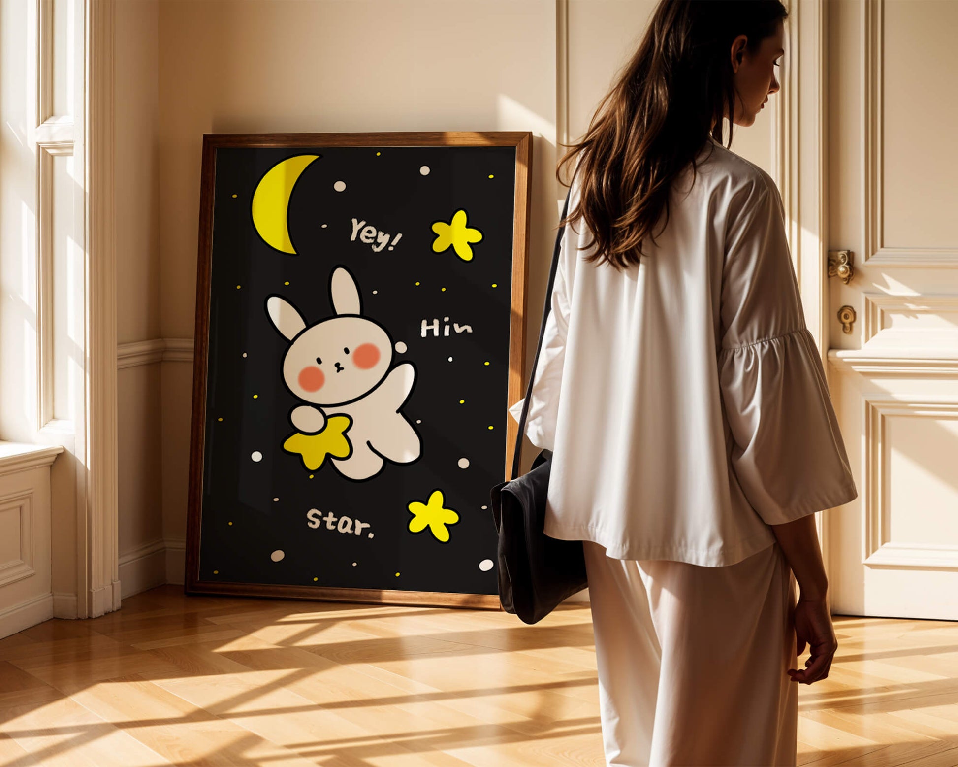 Adorable bunny with stars and moon on a night sky background
