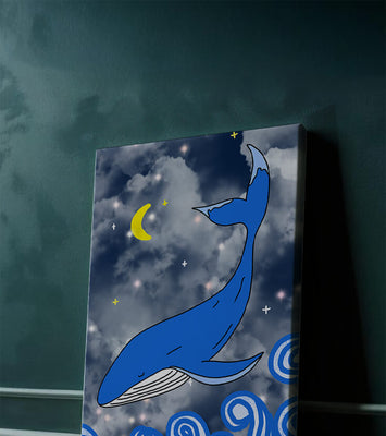 Whimsical blue whale in a starry night ocean scene