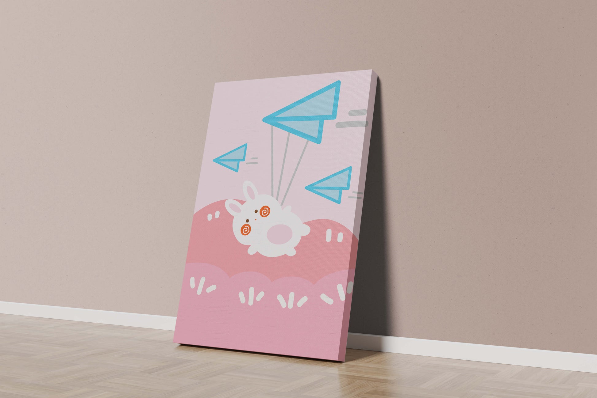 Adorable cartoon bunny flying with paper planes on a pink background