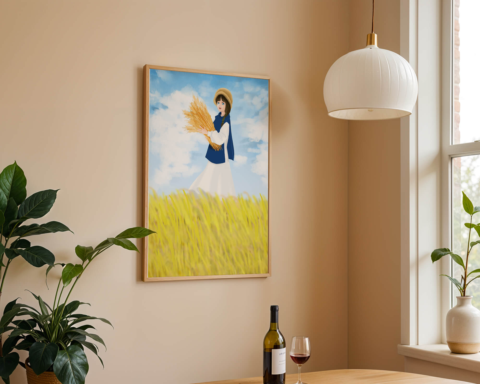 Young girl in a wheat field on a sunny day illustration