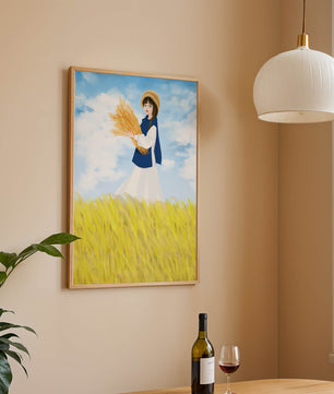 Young girl in a wheat field on a sunny day illustration