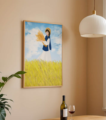 Young girl in a wheat field on a sunny day illustration