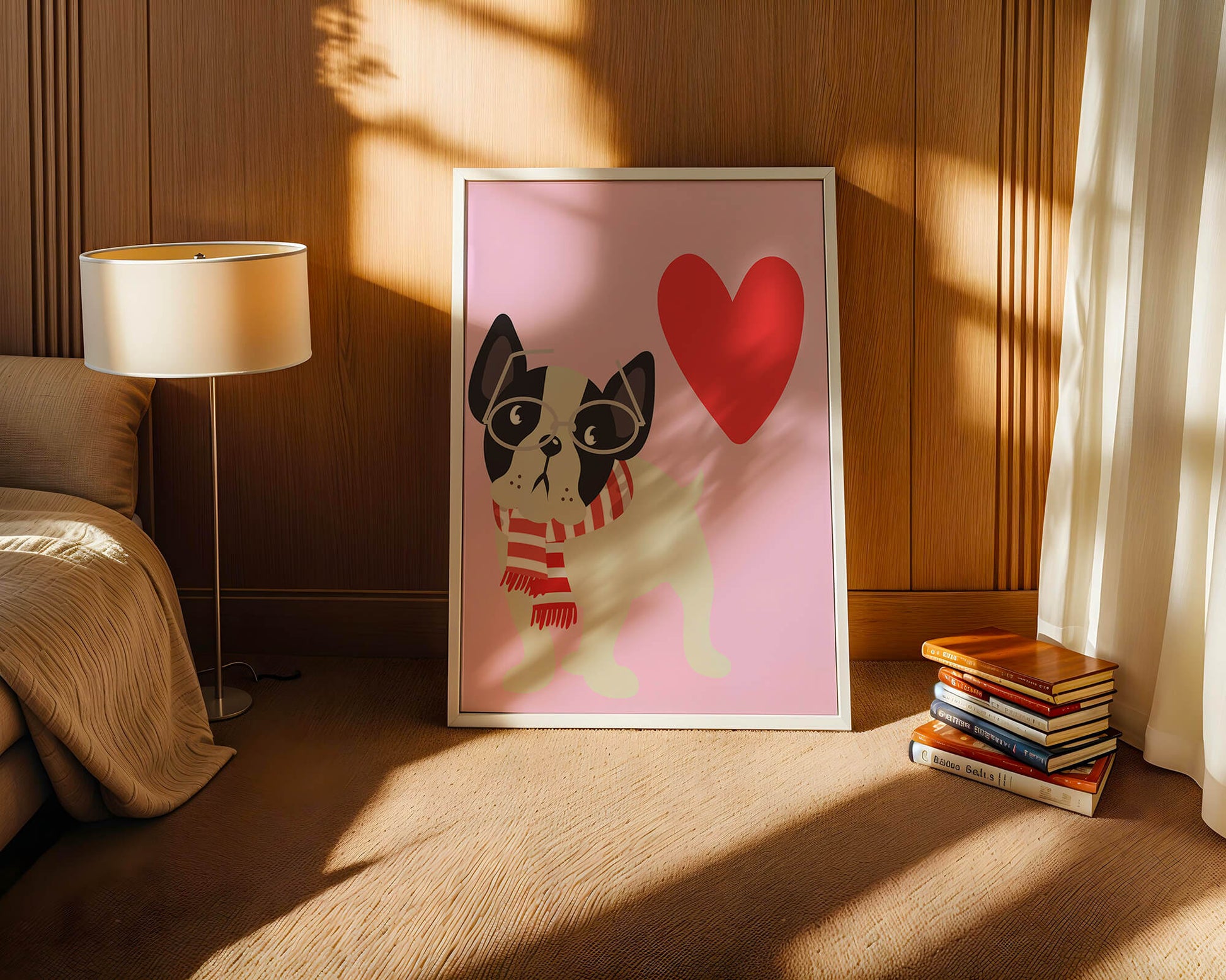 Ilustración lúdica de un bulldog francés con gafas y bufanda sobre fondo rosa con corazón