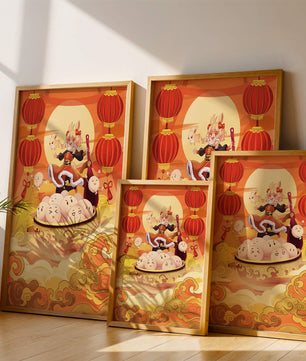 Charming festive fantasy illustration featuring lanterns and playful characters