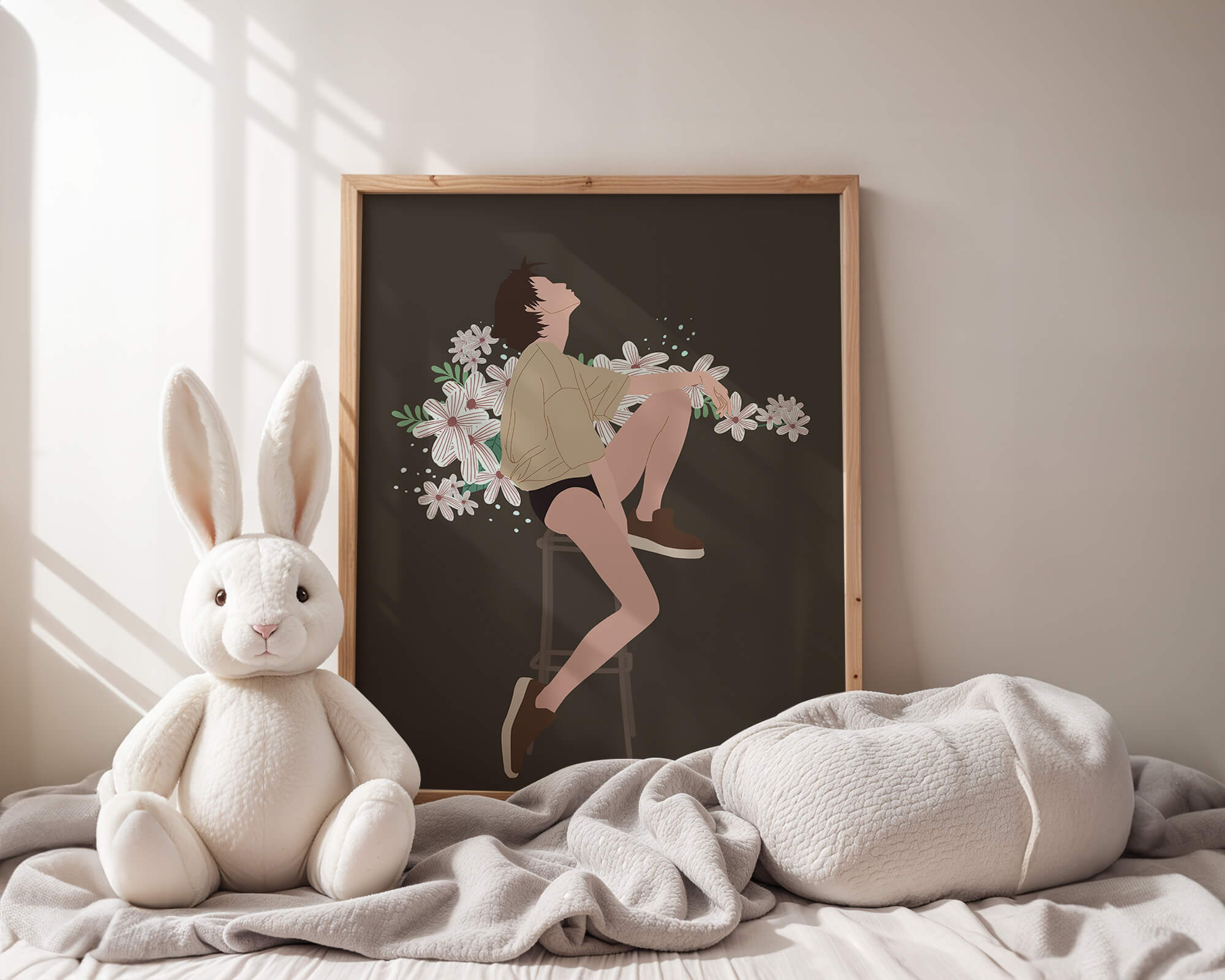 Illustration of a woman sitting on a stool surrounded by flowers