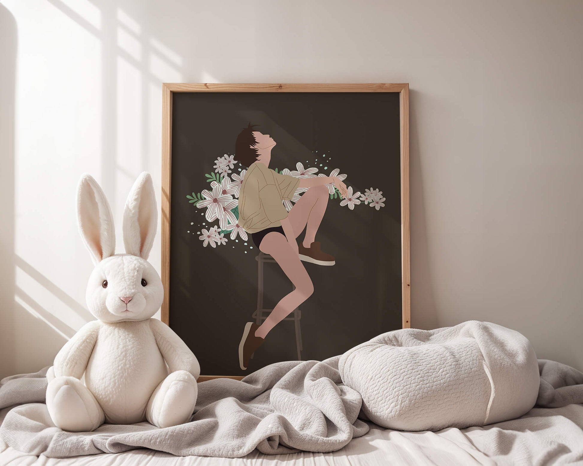 Illustration of a woman sitting on a stool surrounded by flowers
