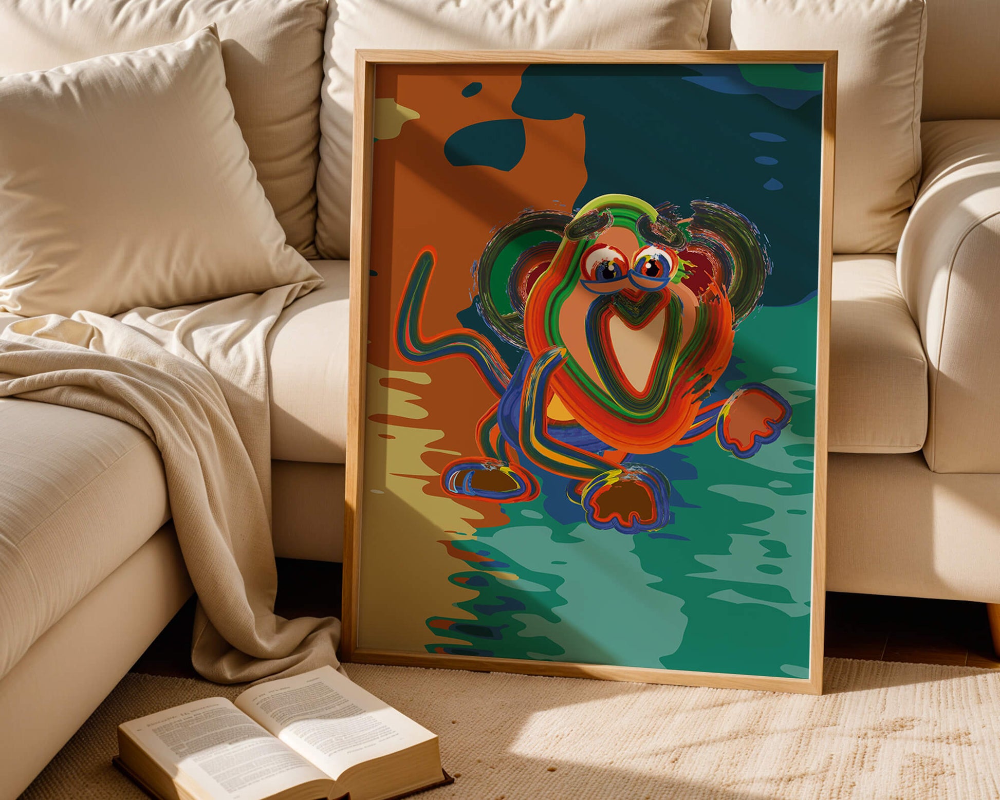 Ilustración abstracta y colorida de un mono con pinceladas audaces
