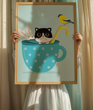 Playful illustration of cat, rabbit, and bird in a teacup