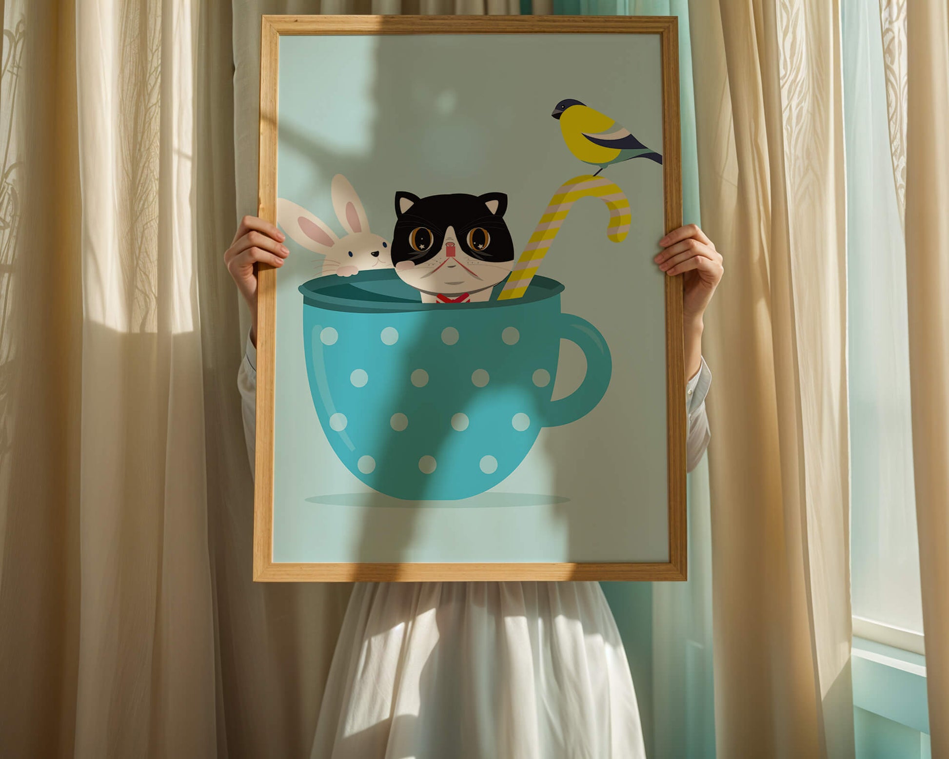 Ilustración lúdica de un gato, un conejo y un pájaro en una taza de té.