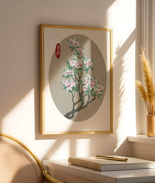 Obra floral delicada con magnolias en flor en estilo oriental
