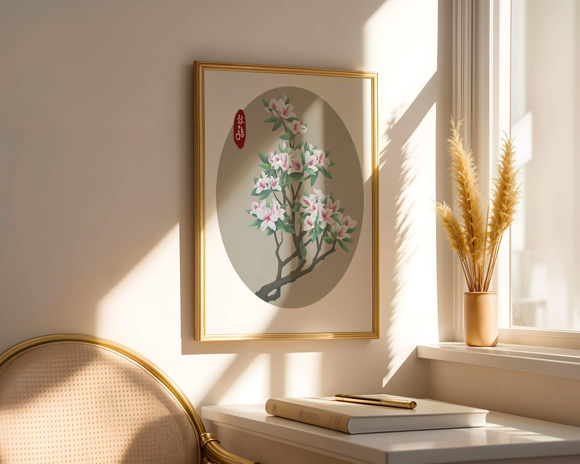 Obra floral delicada con magnolias en flor en estilo oriental