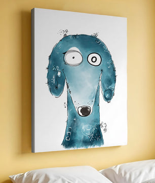 Illustration fantaisiste d’un chien bleu aux traits expressifs