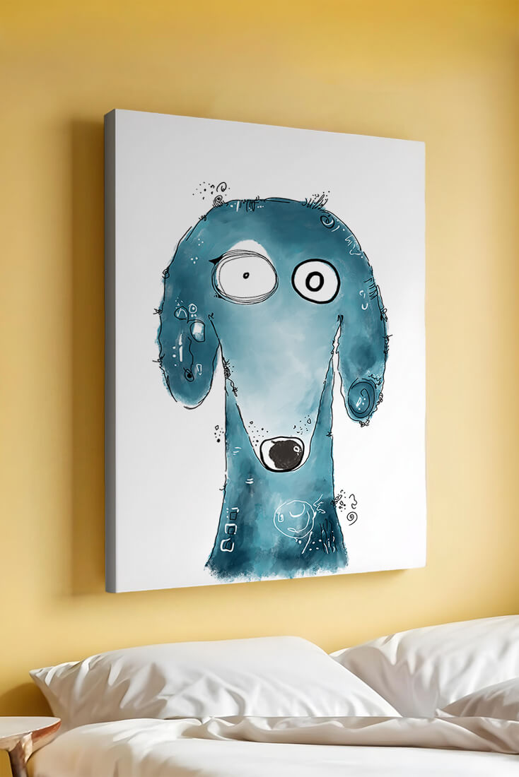 Whimsical blue dog illustration with expressive features