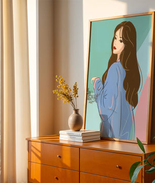 Illustration of woman with long hair and blue jacket