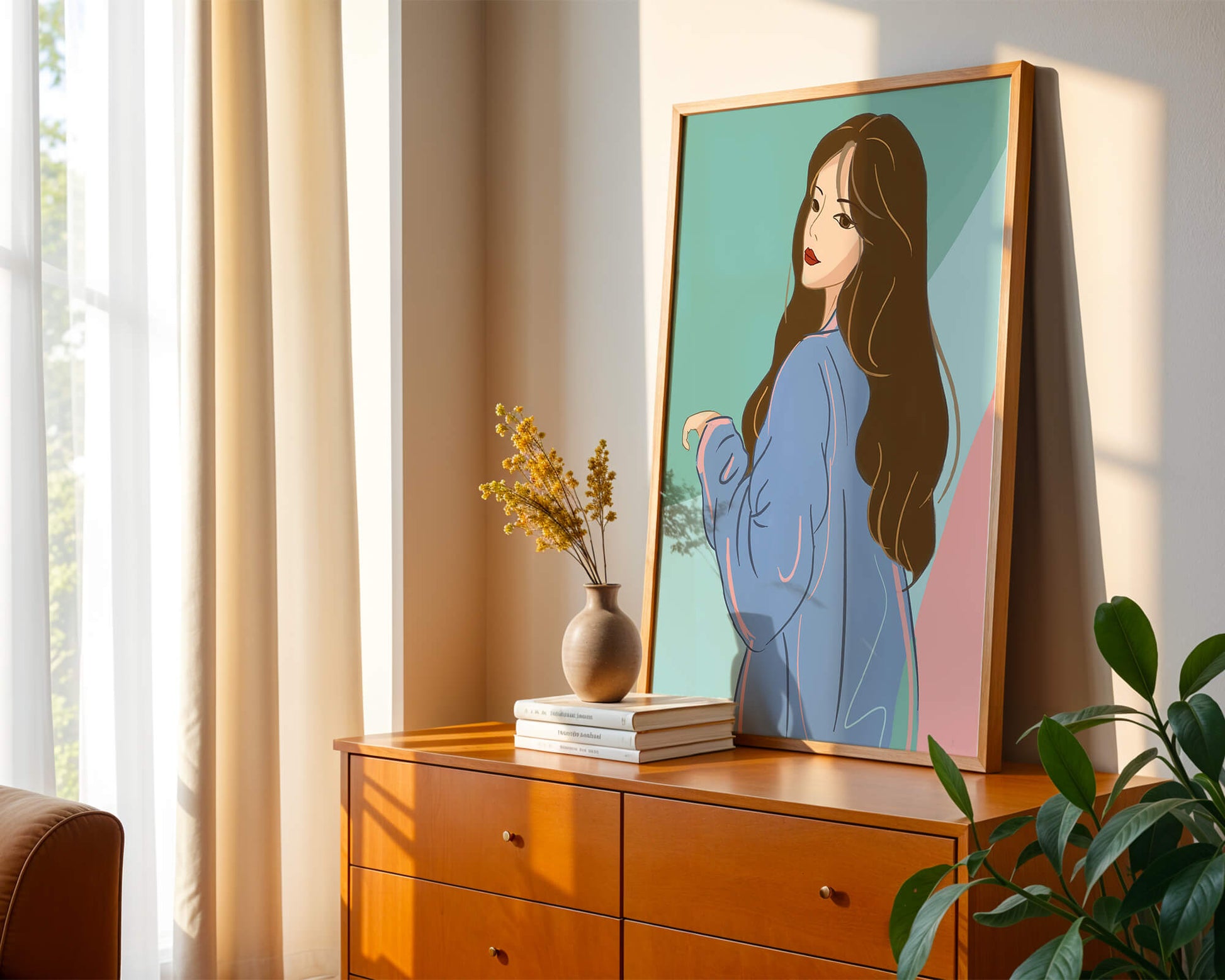 Illustration of woman with long hair and blue jacket