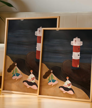 Peaceful Beach Scene with Lighthouse at Night