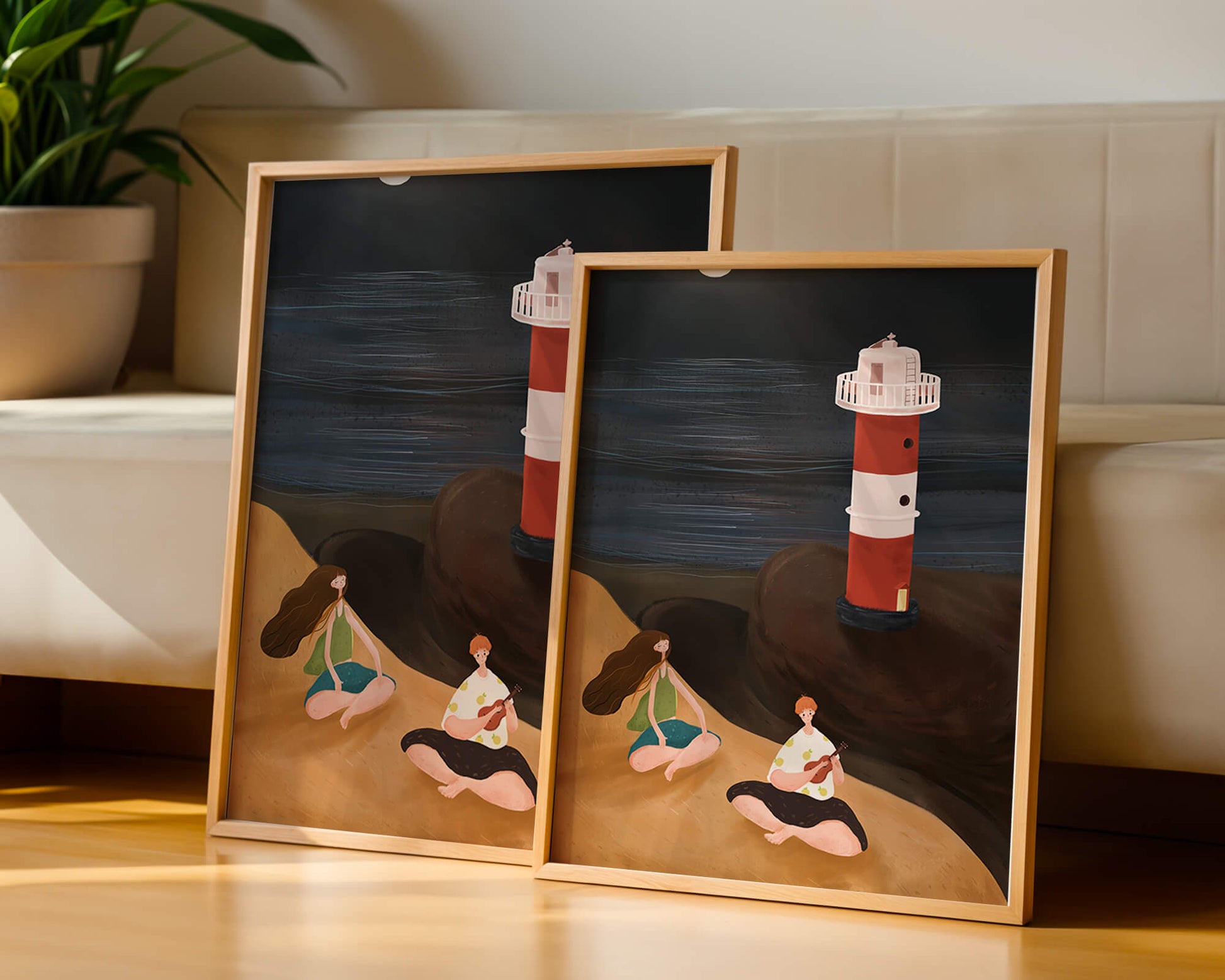 Escena de playa tranquila con faro por la noche