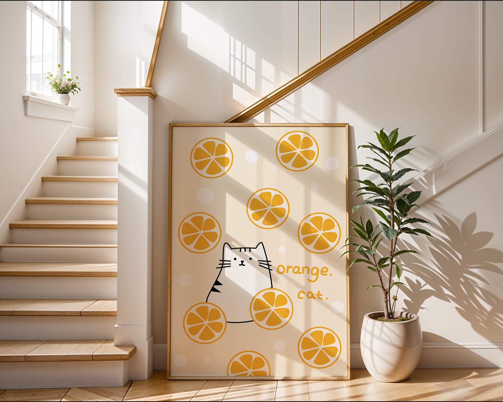 Playful illustration featuring a cat and orange slices