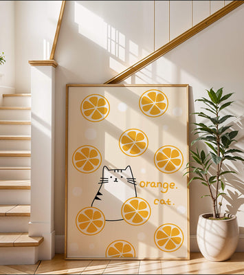 Playful illustration featuring a cat and orange slices