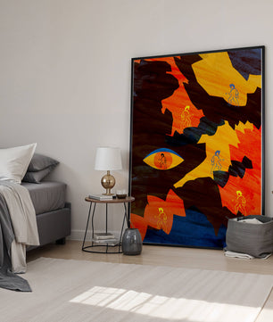 Abstract colorful artwork with eye and silhouettes