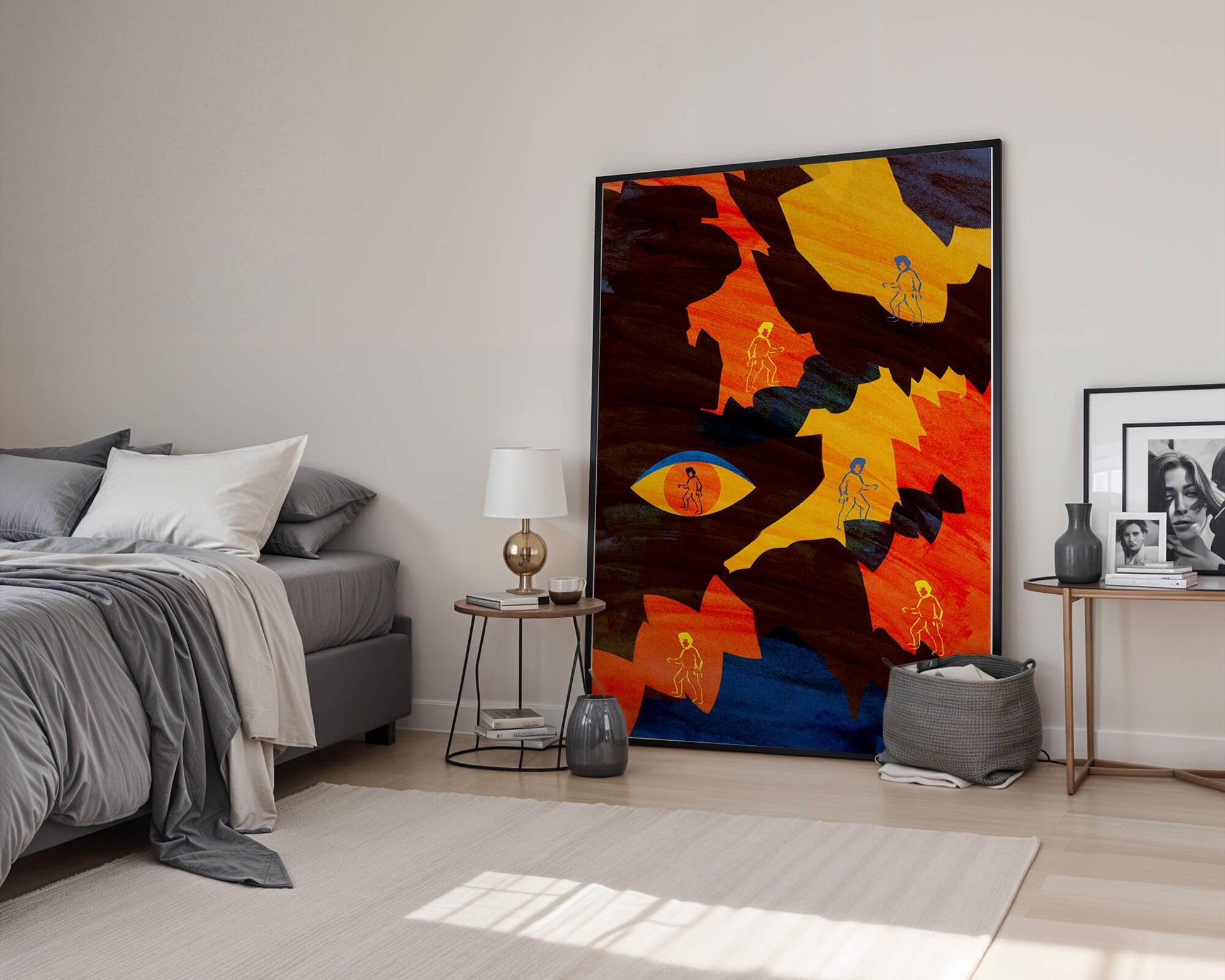 Abstract colorful artwork with eye and silhouettes
