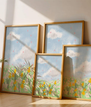 Paysage printanier avec nuages et fleurs
