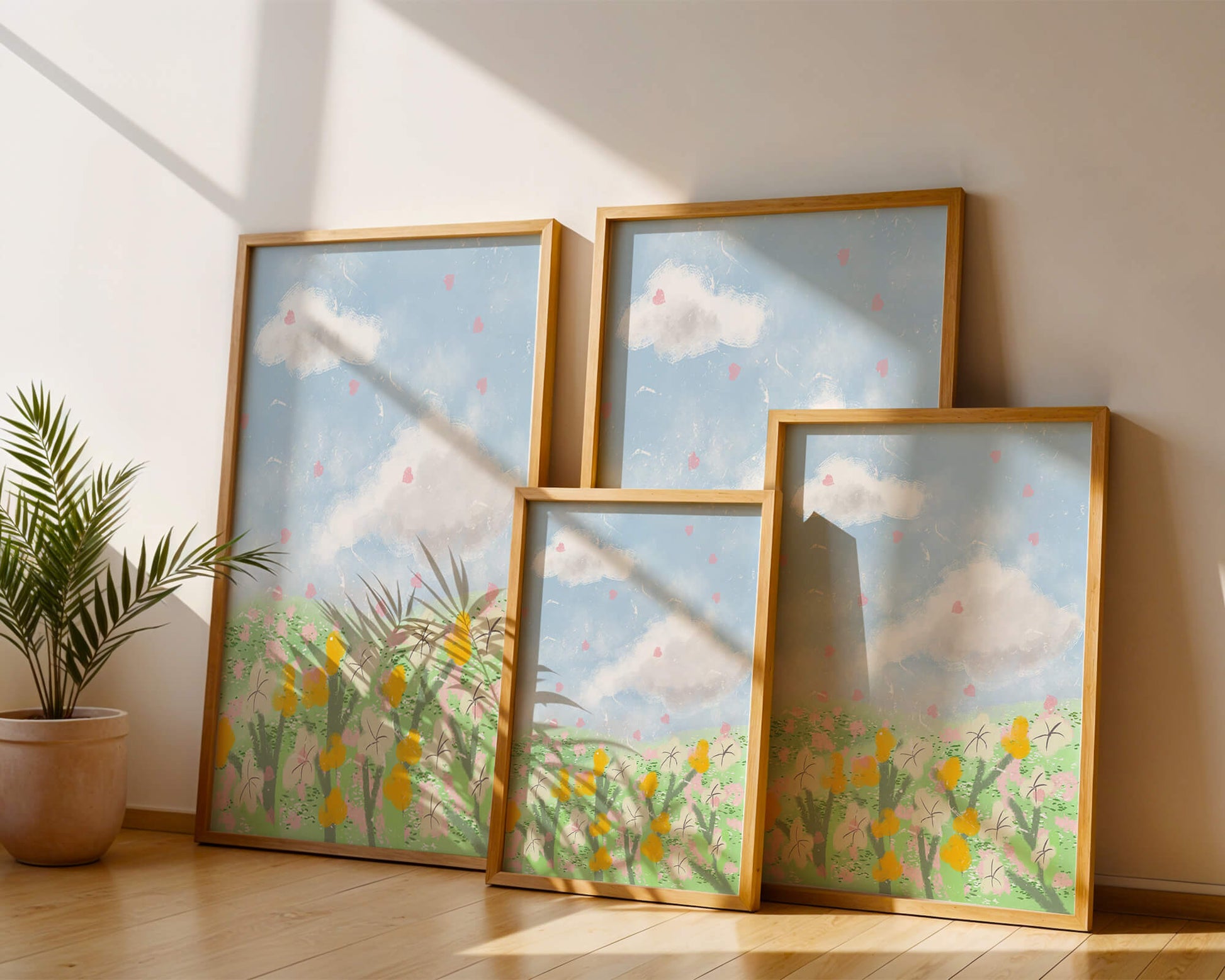 Paysage printanier avec nuages et fleurs