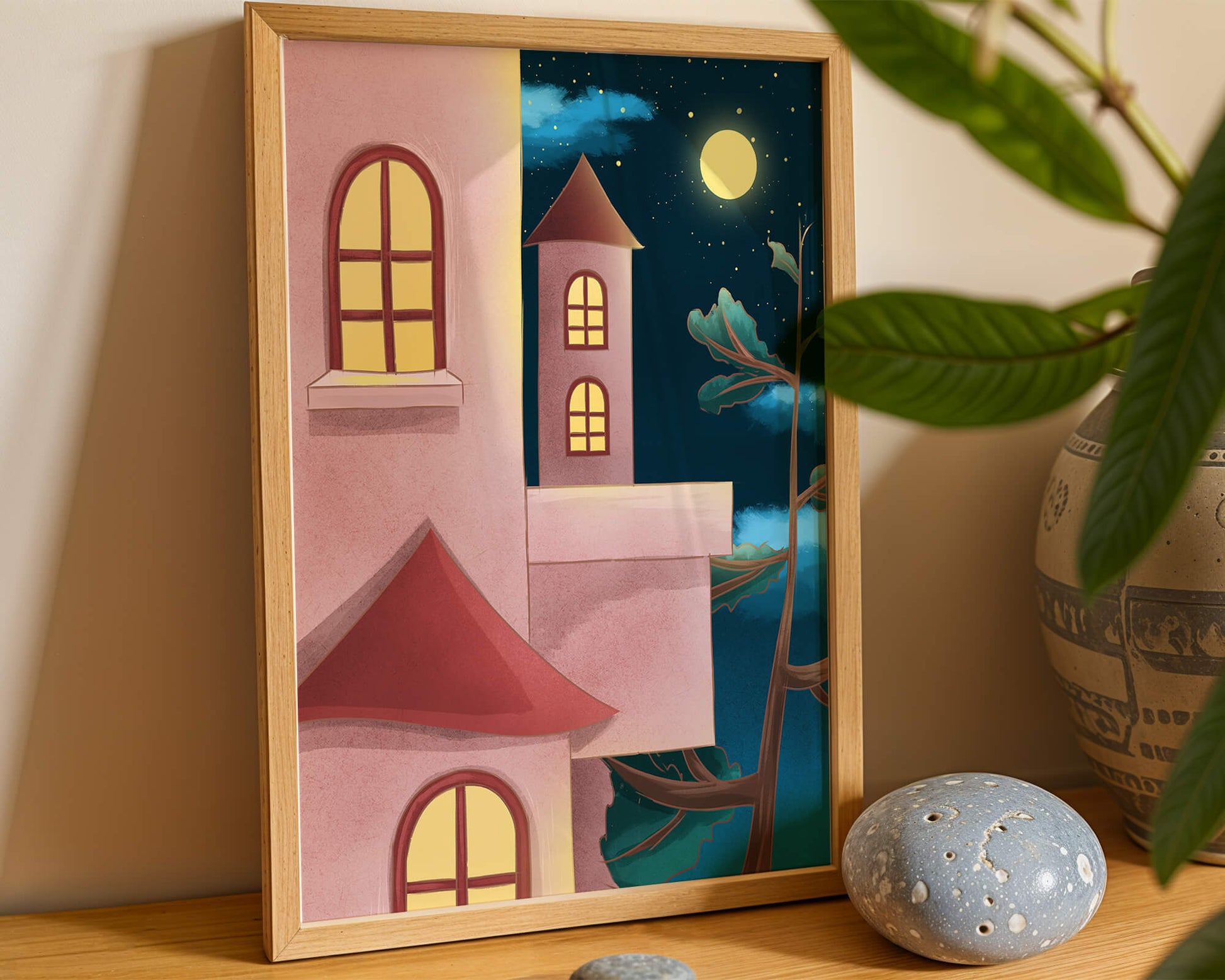 Castle with Arched Windows under Moonlit Sky