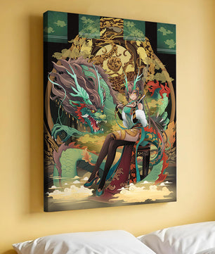 Art fantastique élégant d'une femme avec un dragon majestueux et des éléments dorés