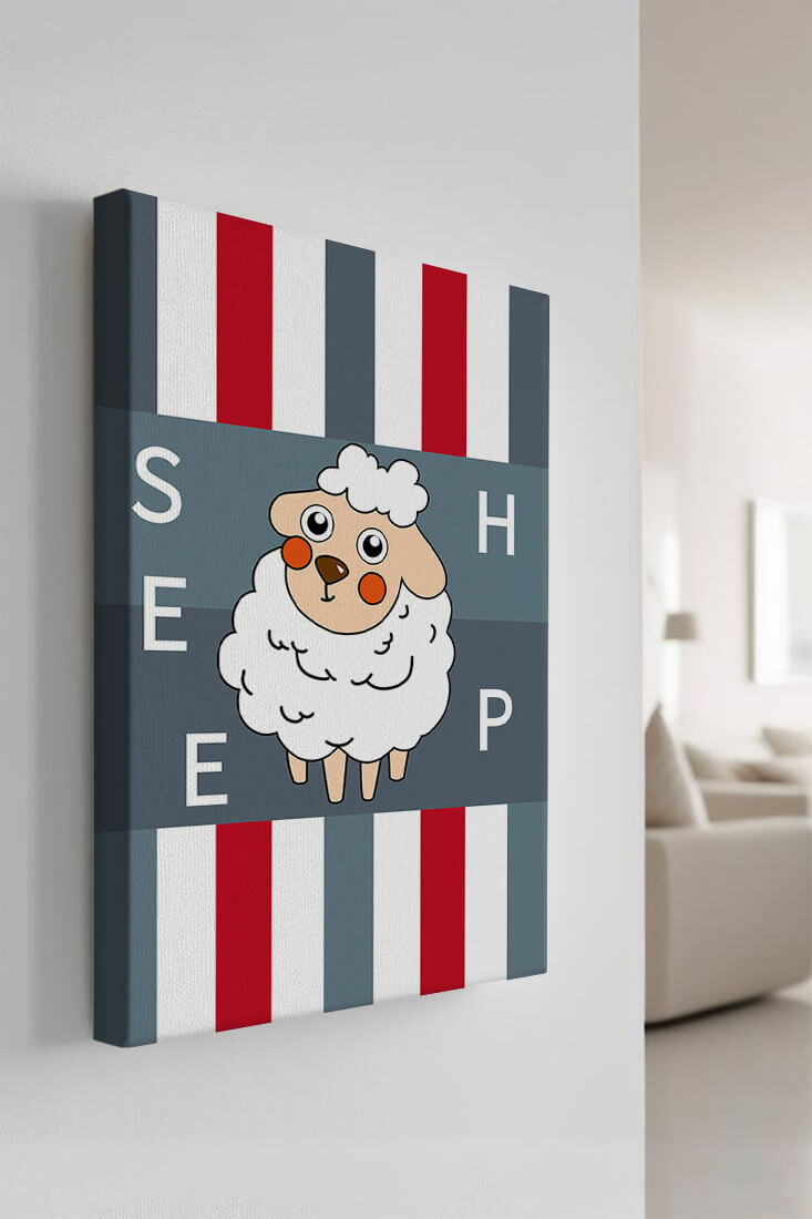 Playful sheep illustration on striped background