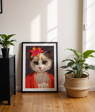 Retrato de gato con acentos de flores vibrantes y atuendo colorido