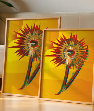Abstract vibrant sunflower art with dynamic geometric shapes