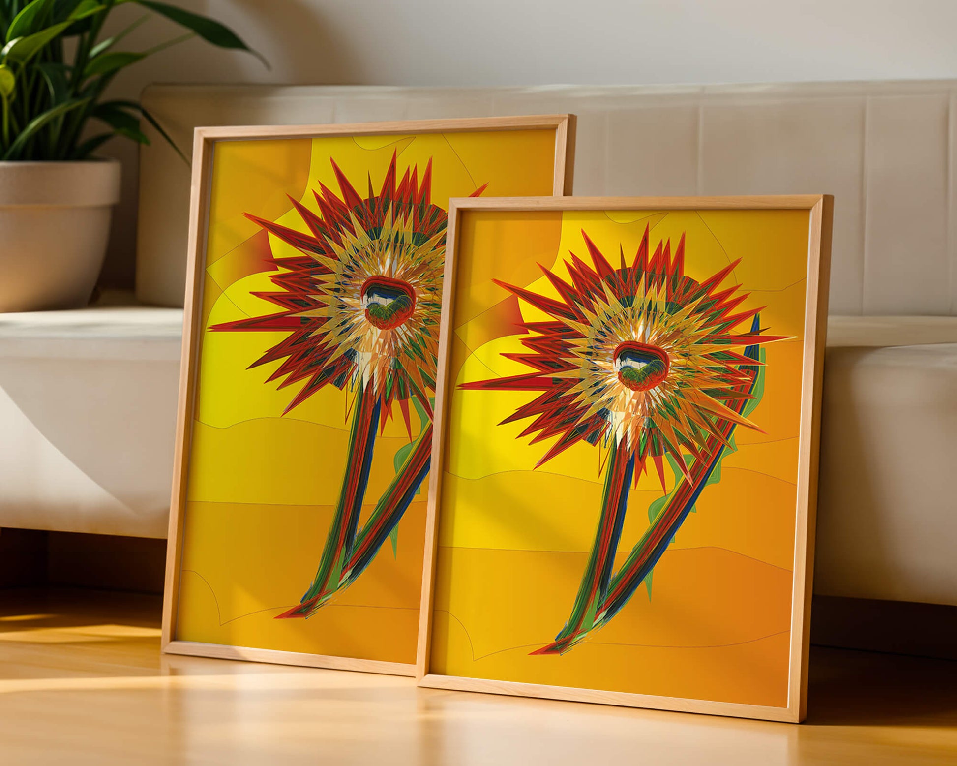 Abstract vibrant sunflower art with dynamic geometric shapes