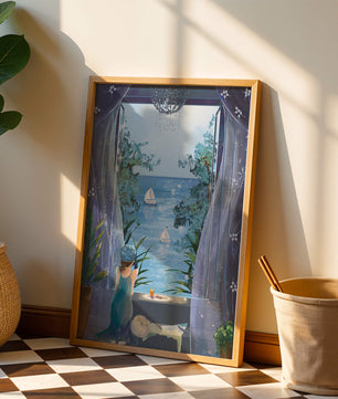 Peaceful Seaside View Through Open Window with Girl and Cat