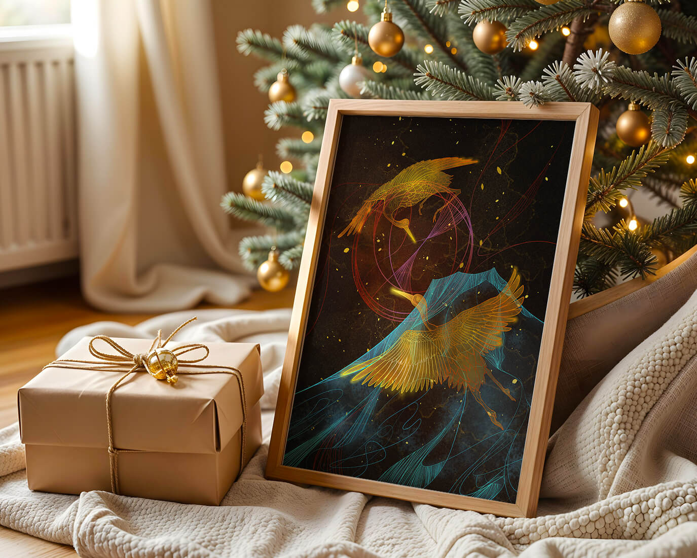 Elegant Cranes in Cosmic Dance with Golden and Blue Accents