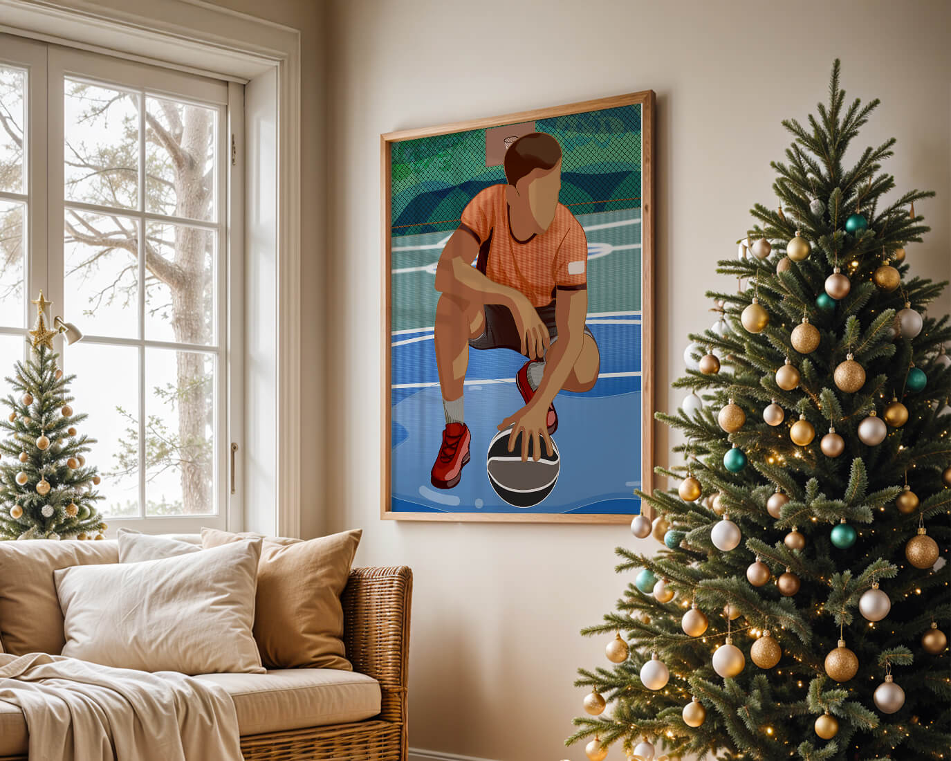 Illustration of a basketball player on a court in a dynamic pose